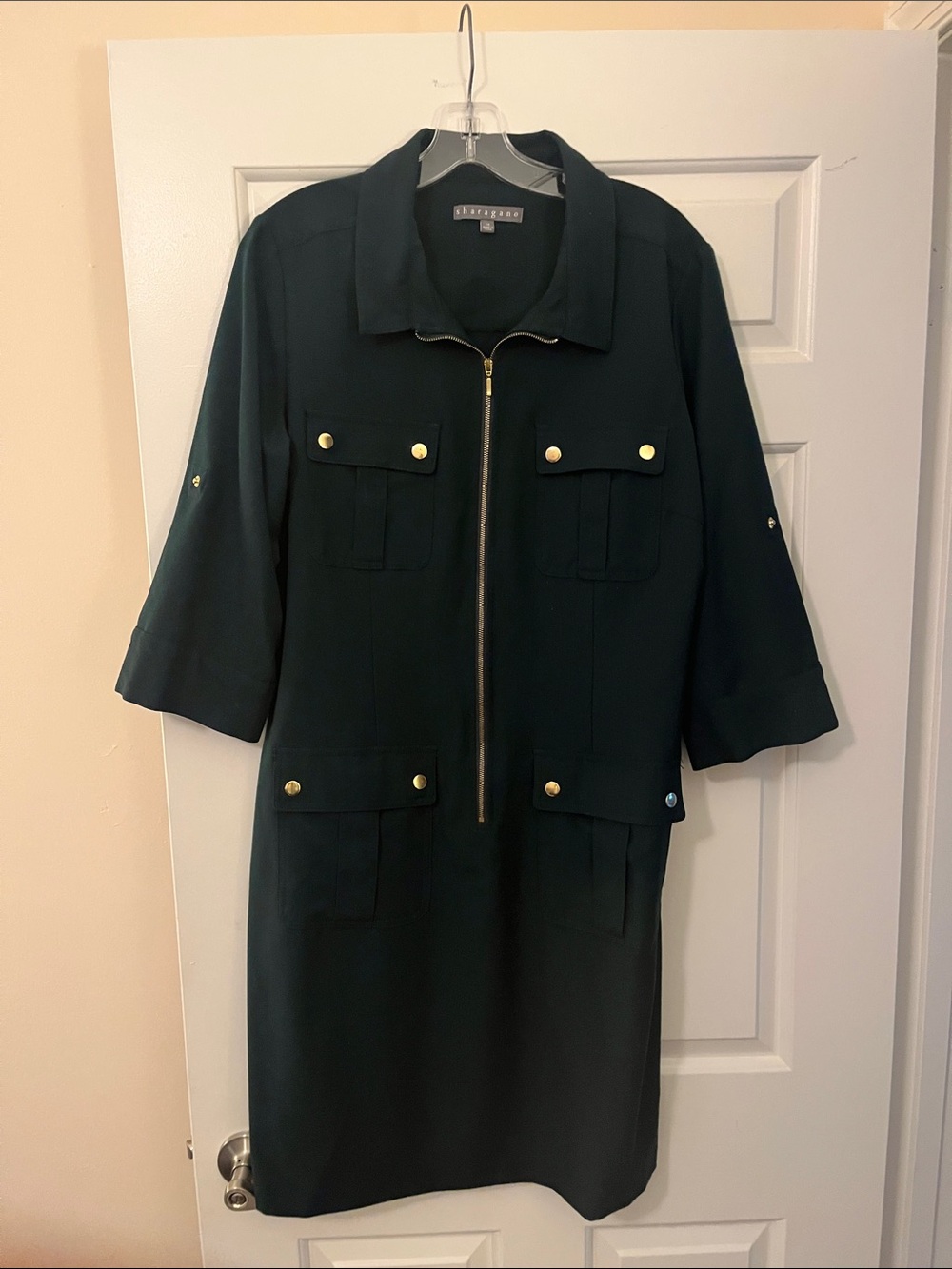 Sharagano Dark Green Zip-Front Utility Blazer Dress